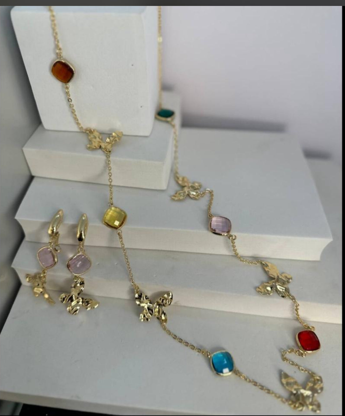 18k Multi Coloured Long Chain And Earring