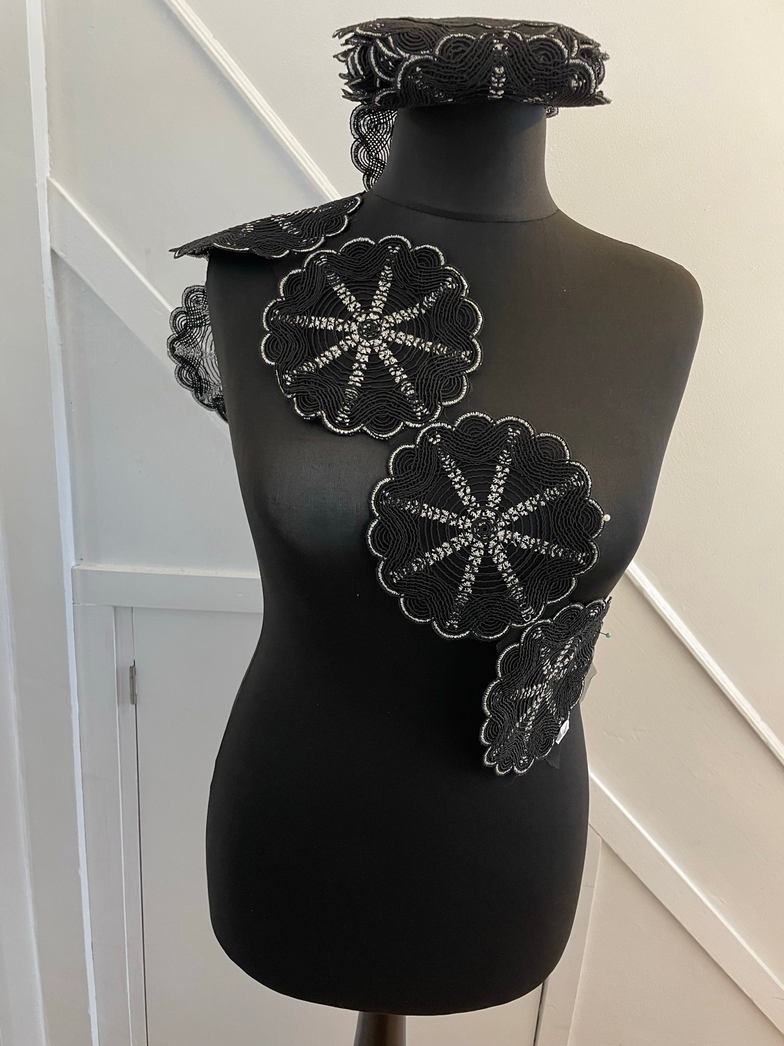 6" Wide Crochet Edge Cotton Lace Trim. Black Floral Embroidery Scolloped . Sewing Supplies