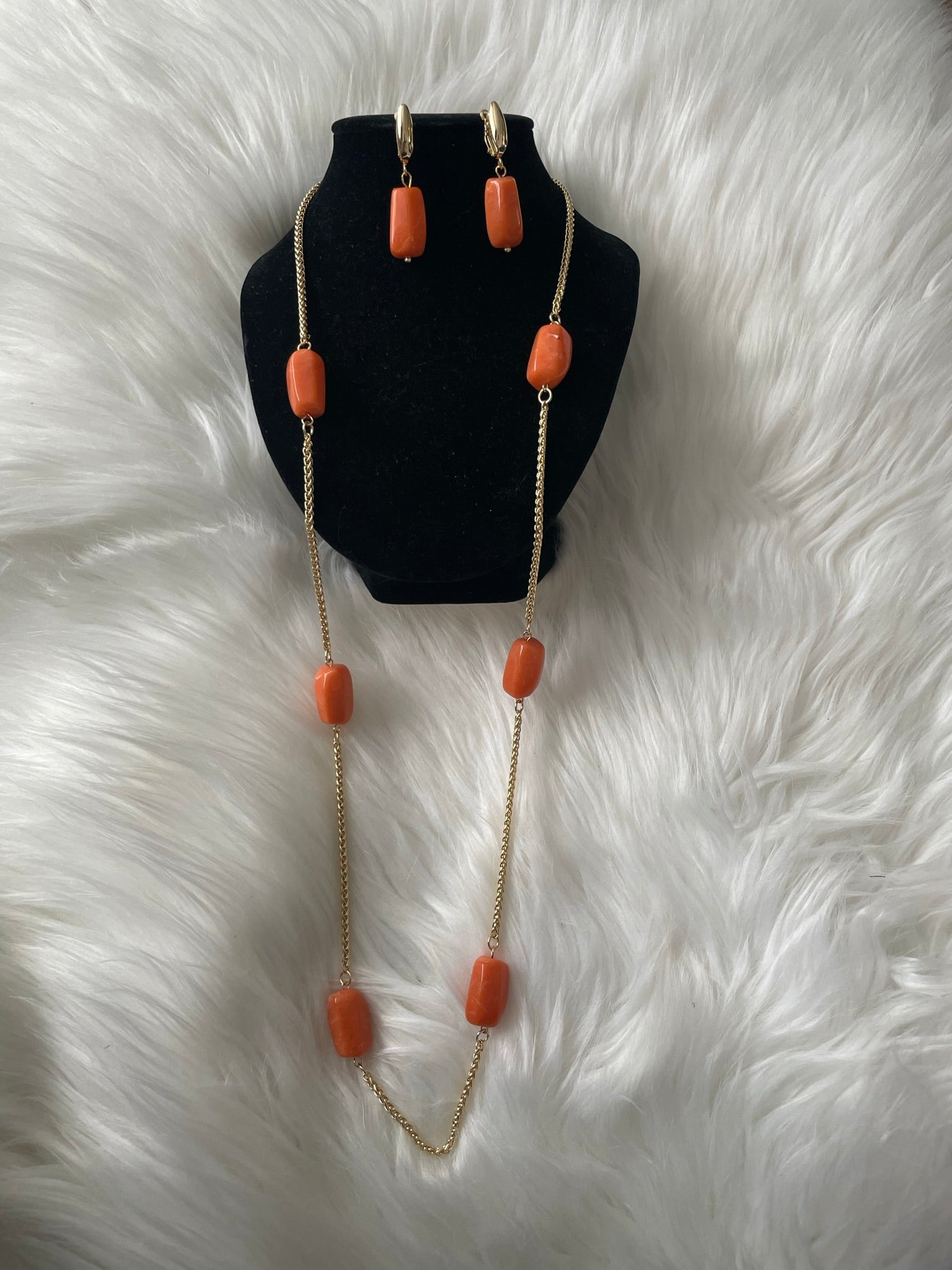 18k Gold Plated Long Chain And Earring Orange And Gold Beaded Necklace