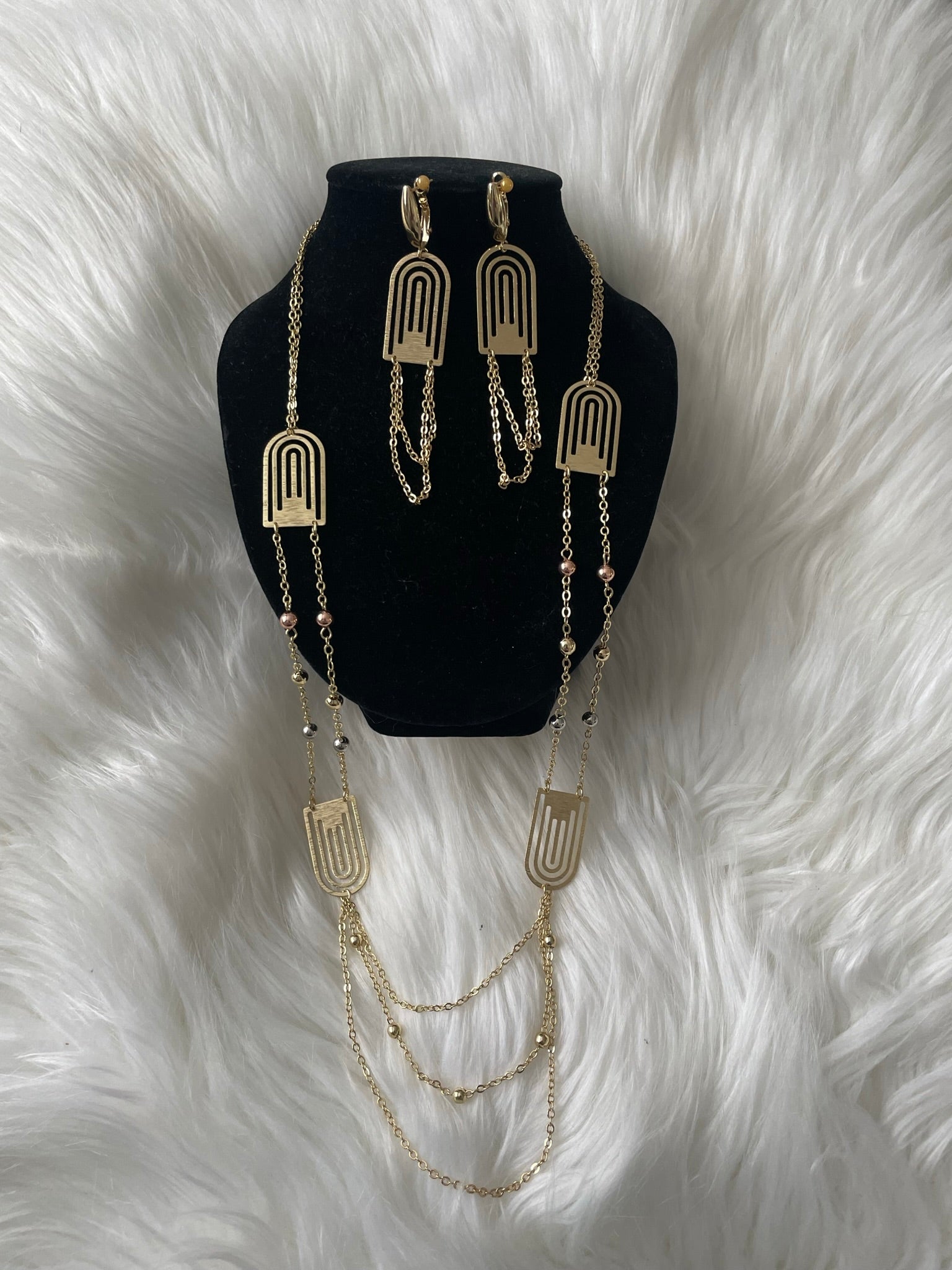 18K Gold Plated Long Chain And Earring Shirt Chain 2pcs  Set