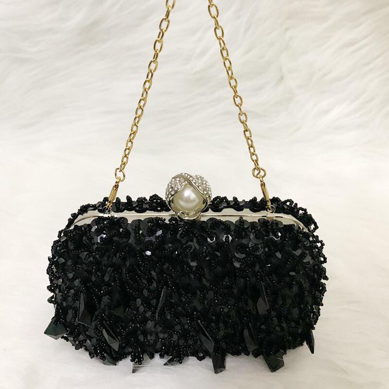 Black Beaded Clutch Bag